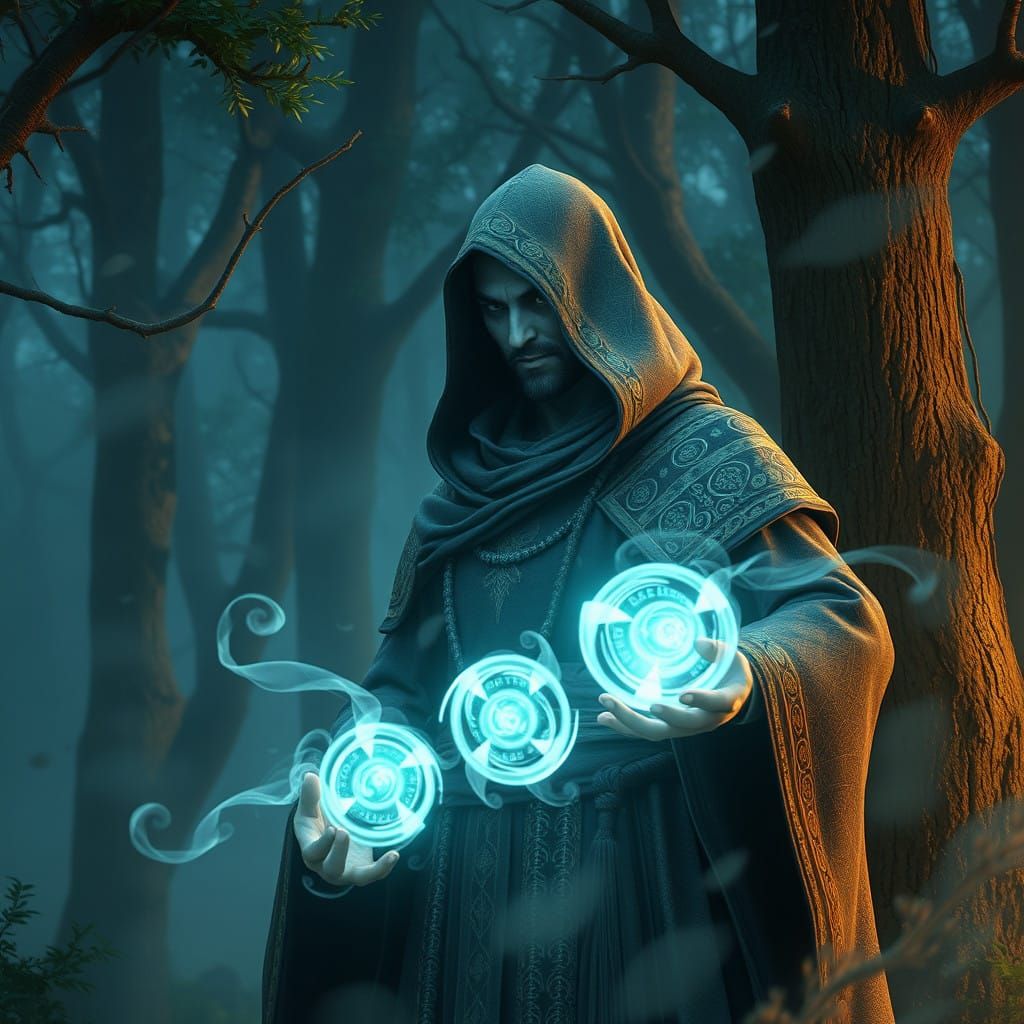 Ancient Mystic Master of Glowing Runes in Mystical Forest