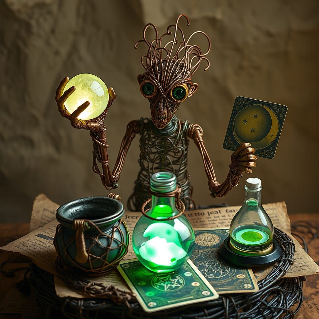 Wire Fortune Teller Sculpture with Crystal Ball