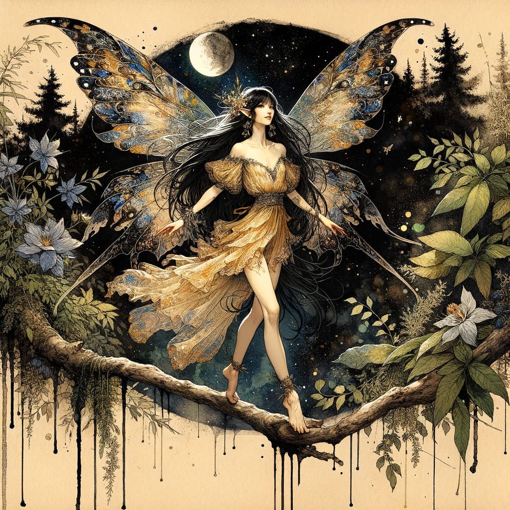 Faerie Balancing on Branch Under Moonlight
