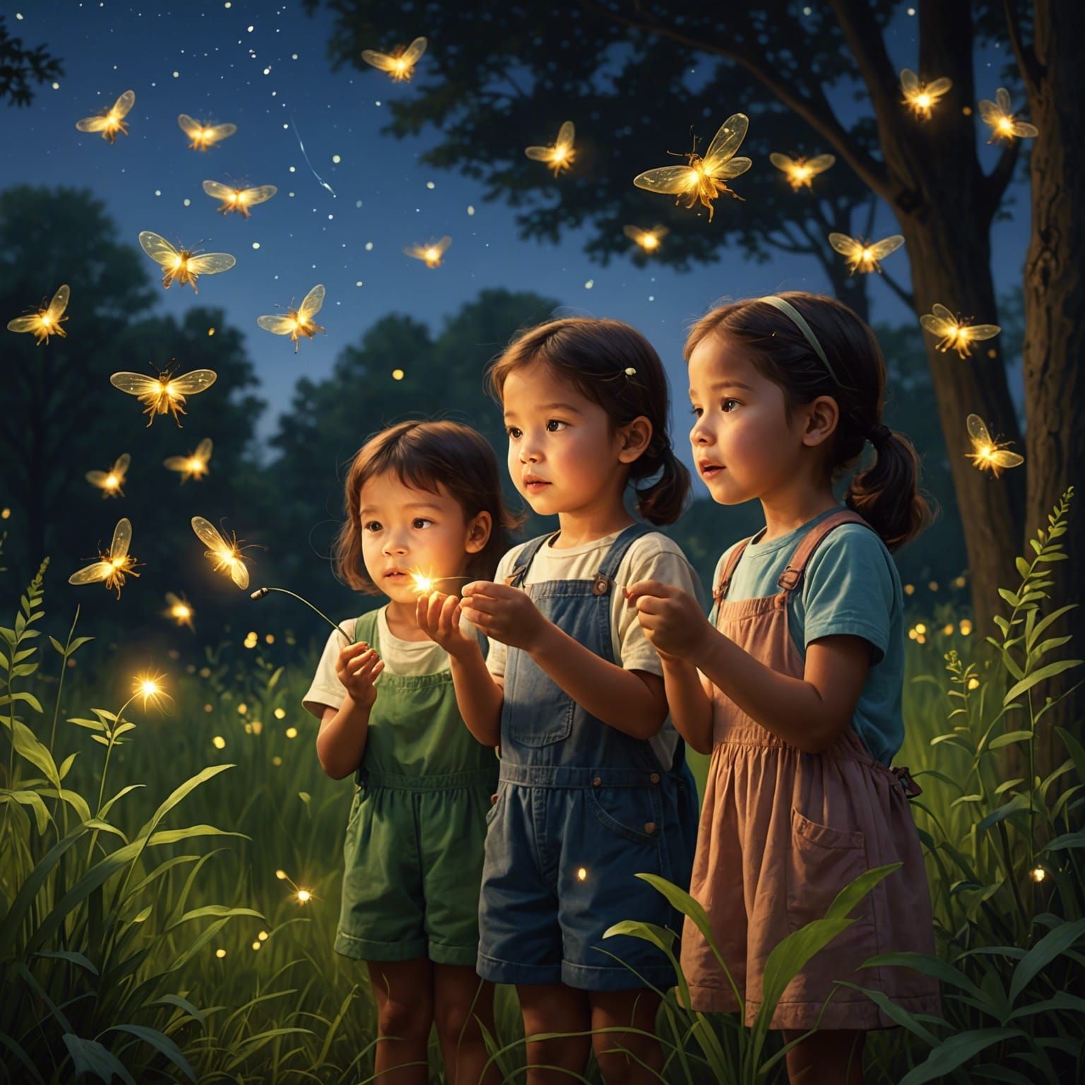 Children Catching Fireflies in Summer Twilight