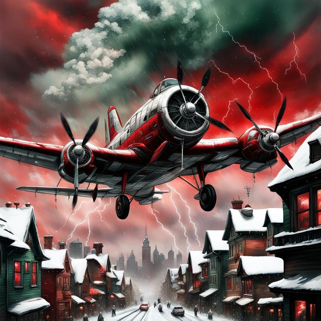 steampunk gothic airforce plane flying over a gothic steampunk cityscapes in a winter wonderland