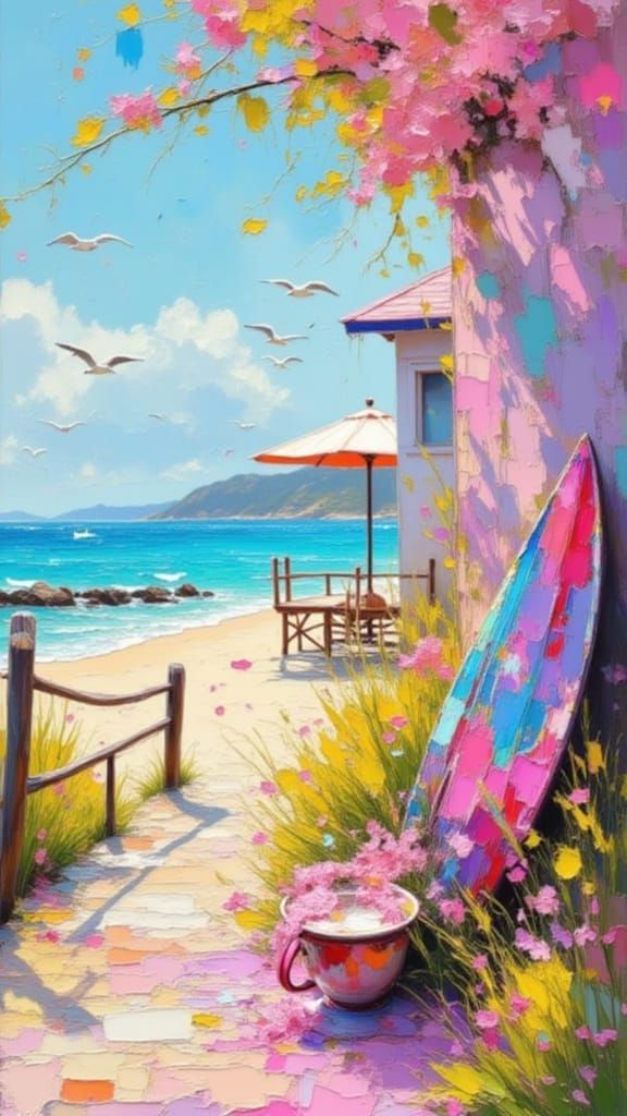 Impasto Painting of Pink Shrub on Pastel Beach