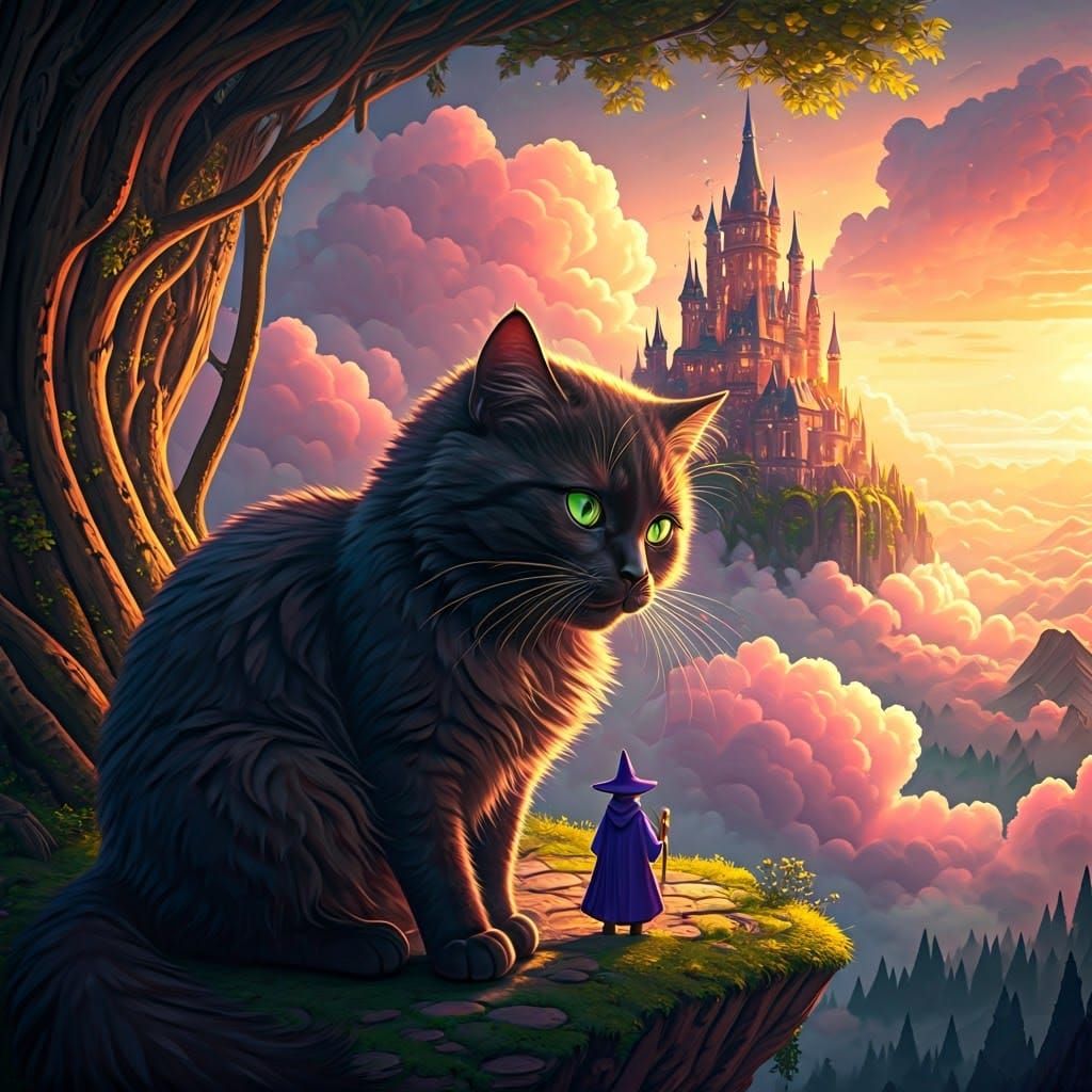 Black Cat in Magical Cloudscape Digital Art