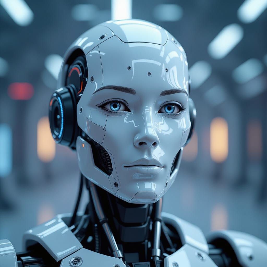 Striking Robot Head with Sci-Fi Background