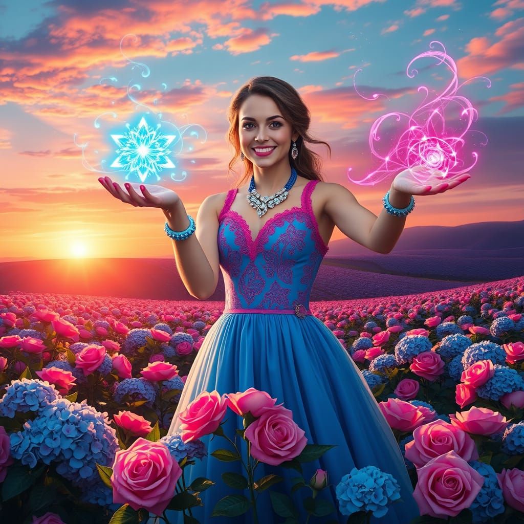 Enchantress Weaves Magic Amidst Vibrant Blooms in a Cyberpun...