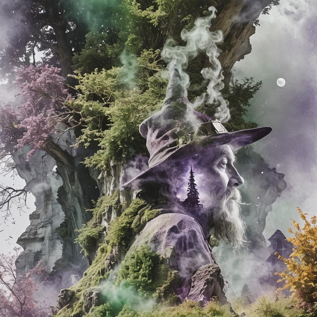 Ethereal Double Exposure Wizard Portrait with Oversized Hat
