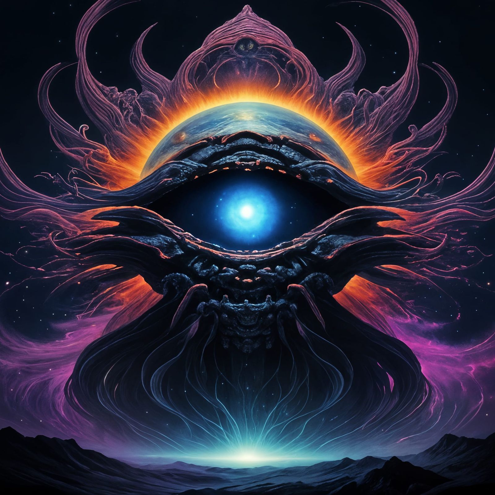 A sentient nebula takes the form of a colossal eye, gazing o...