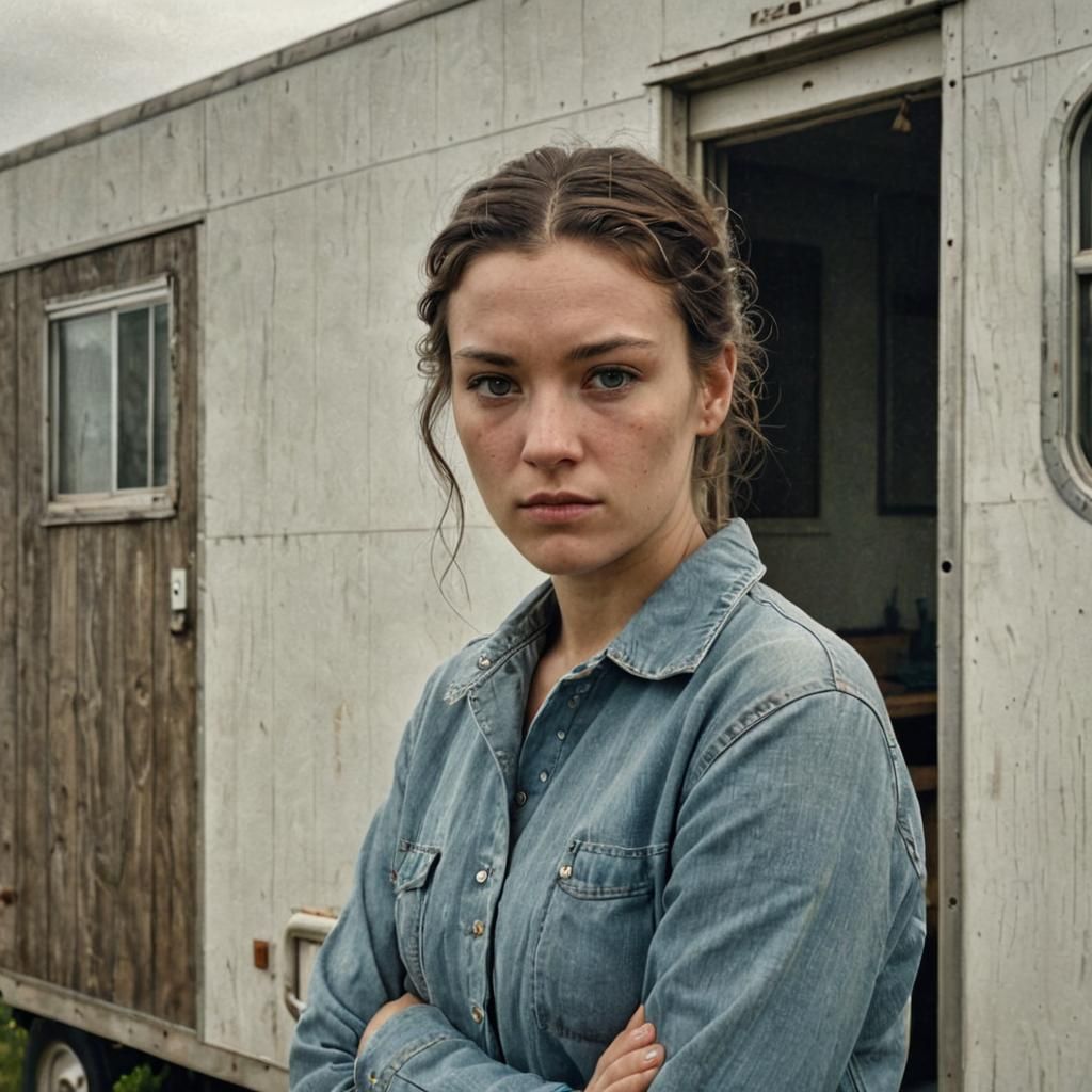 Defiant Woman by Trailer Home in Photorealistic Style