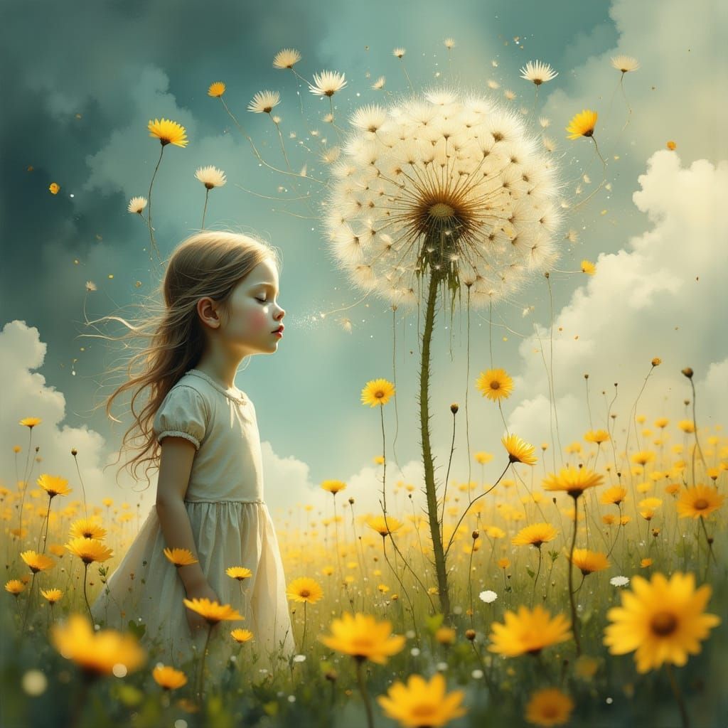Dandelion Seed Face in Sunny Meadow