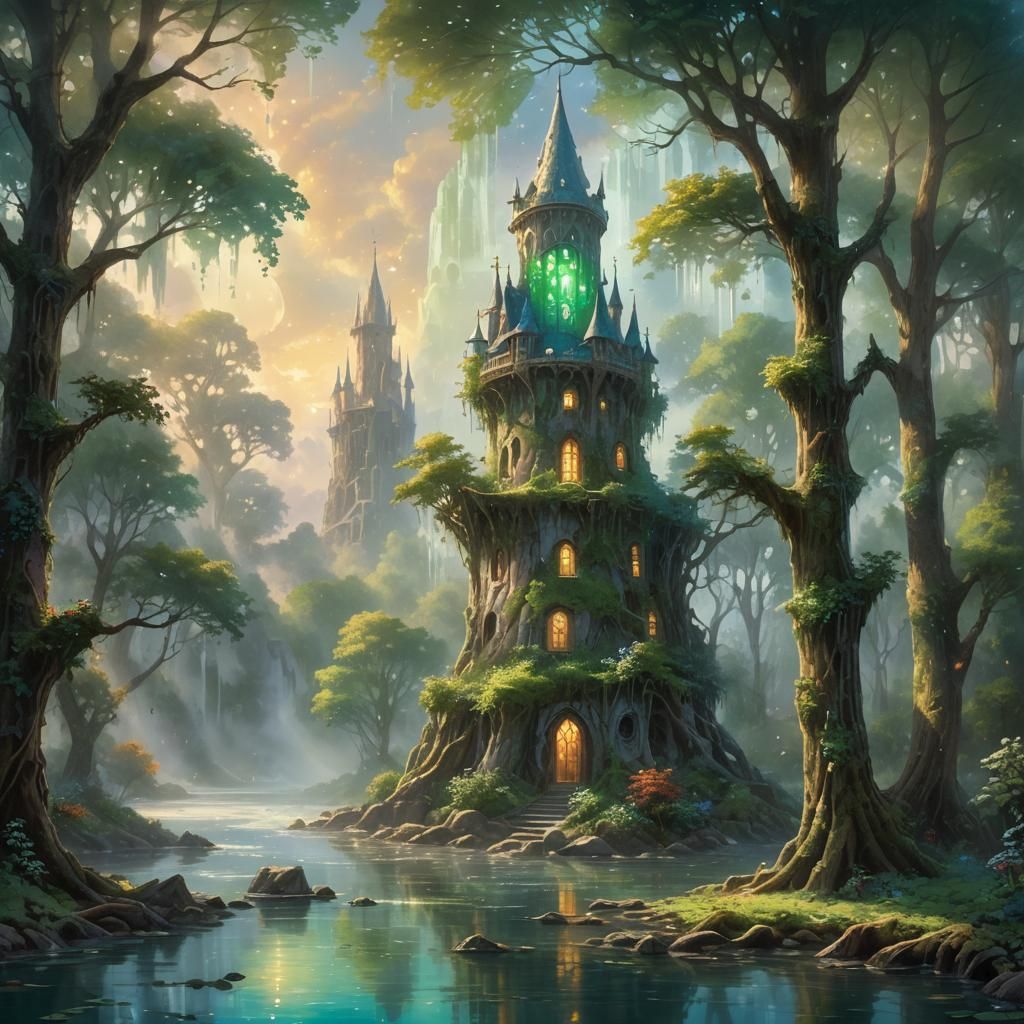 Ethereal Green Tower on River Delta, Oil Painting