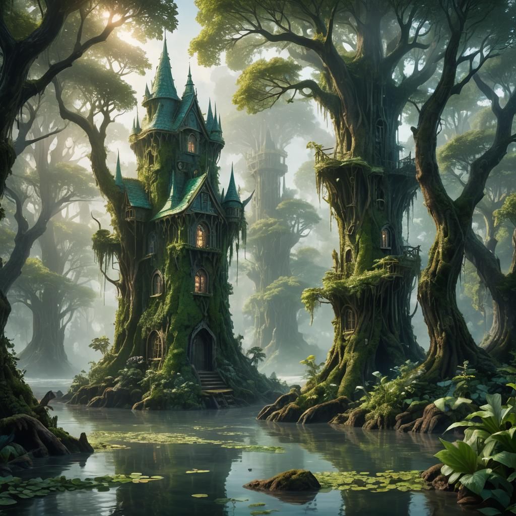 Ethereal Green Tower in Misty Fantasy Riverscape