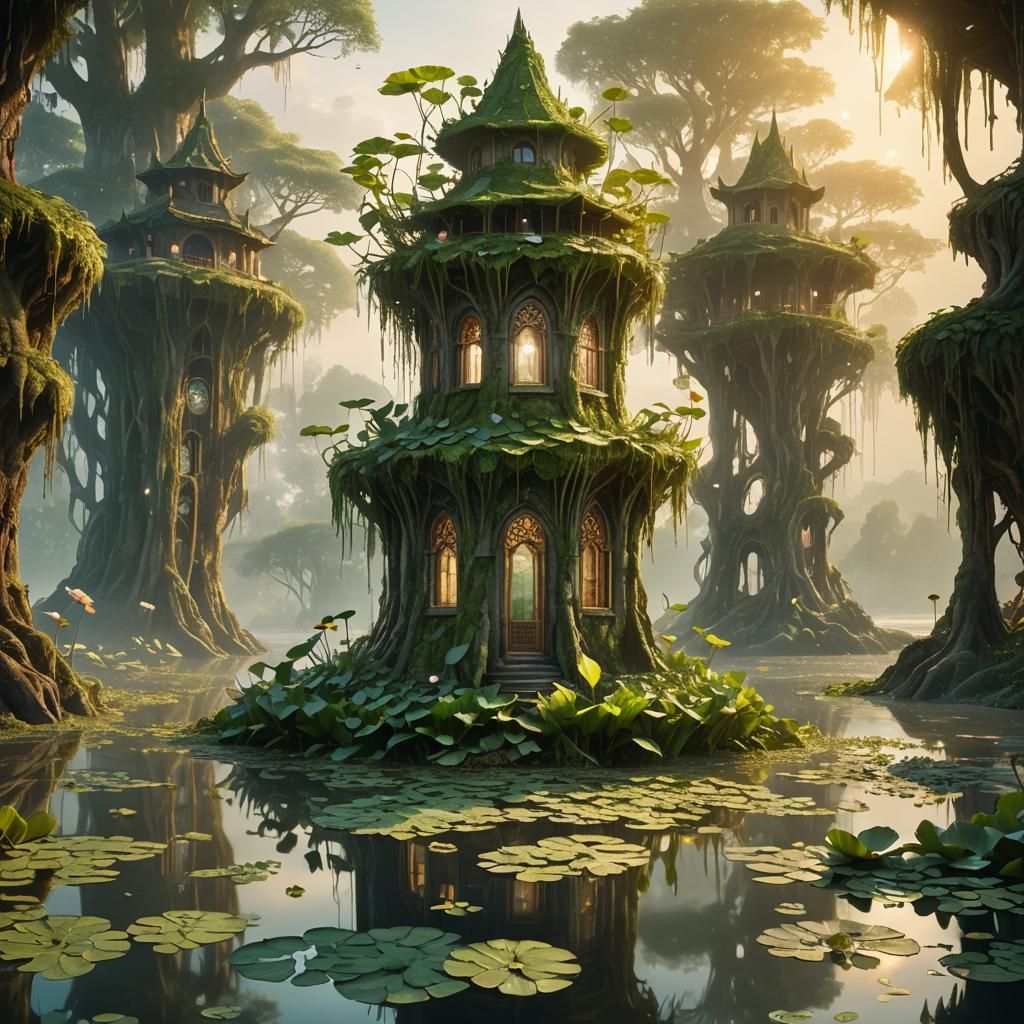 Ethereal Fantasy Tower on River Delta: Oil Painting