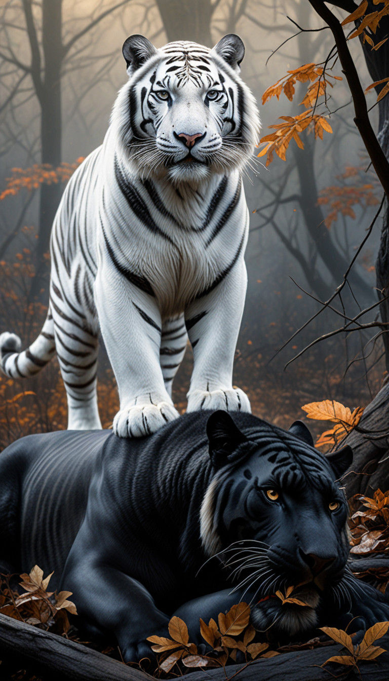 Triumphant White Tiger Dominates in Chiaroscuro Oil Painting...