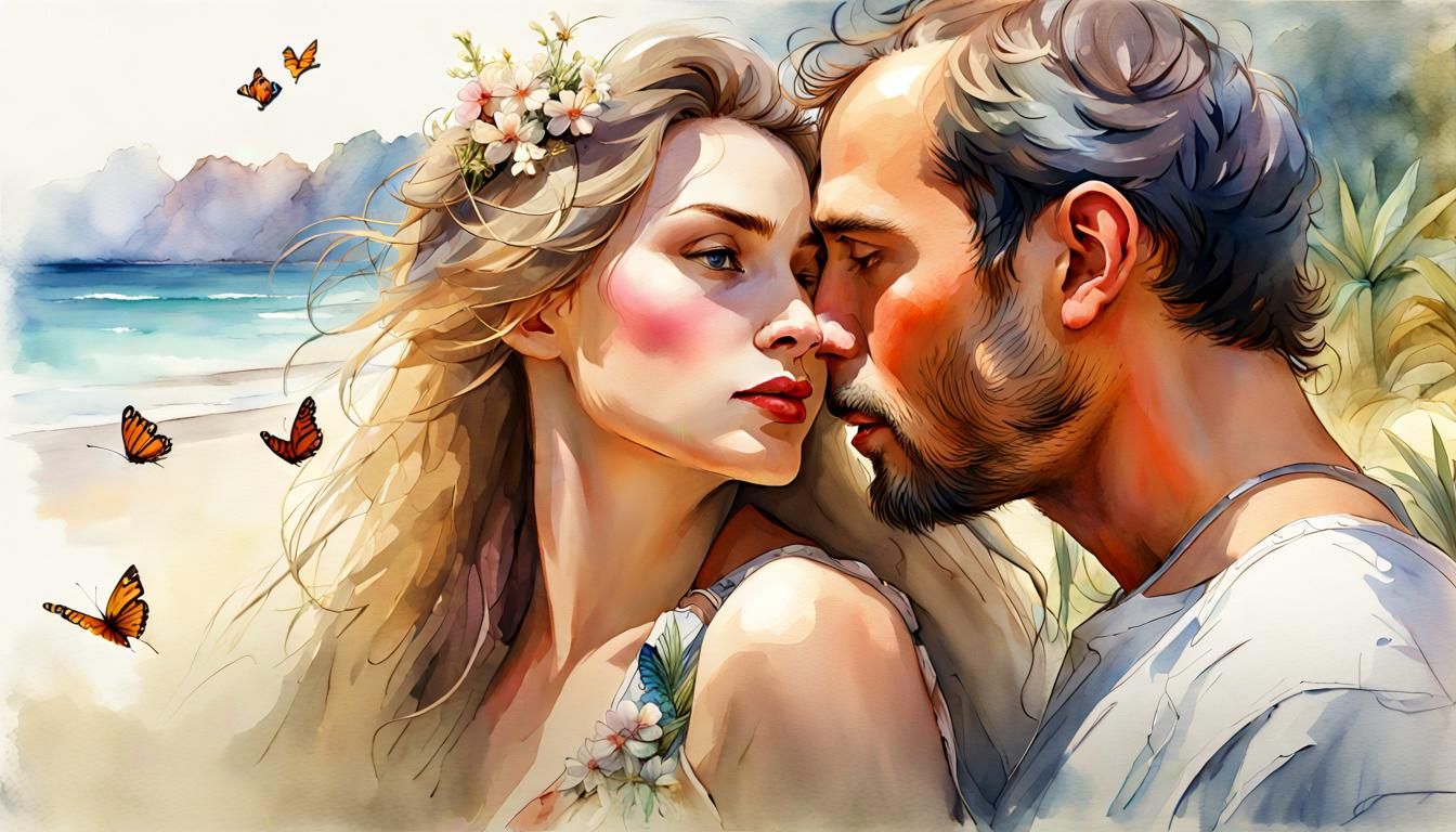 Romantic Beach Kiss in Digital Watercolor Illustration
