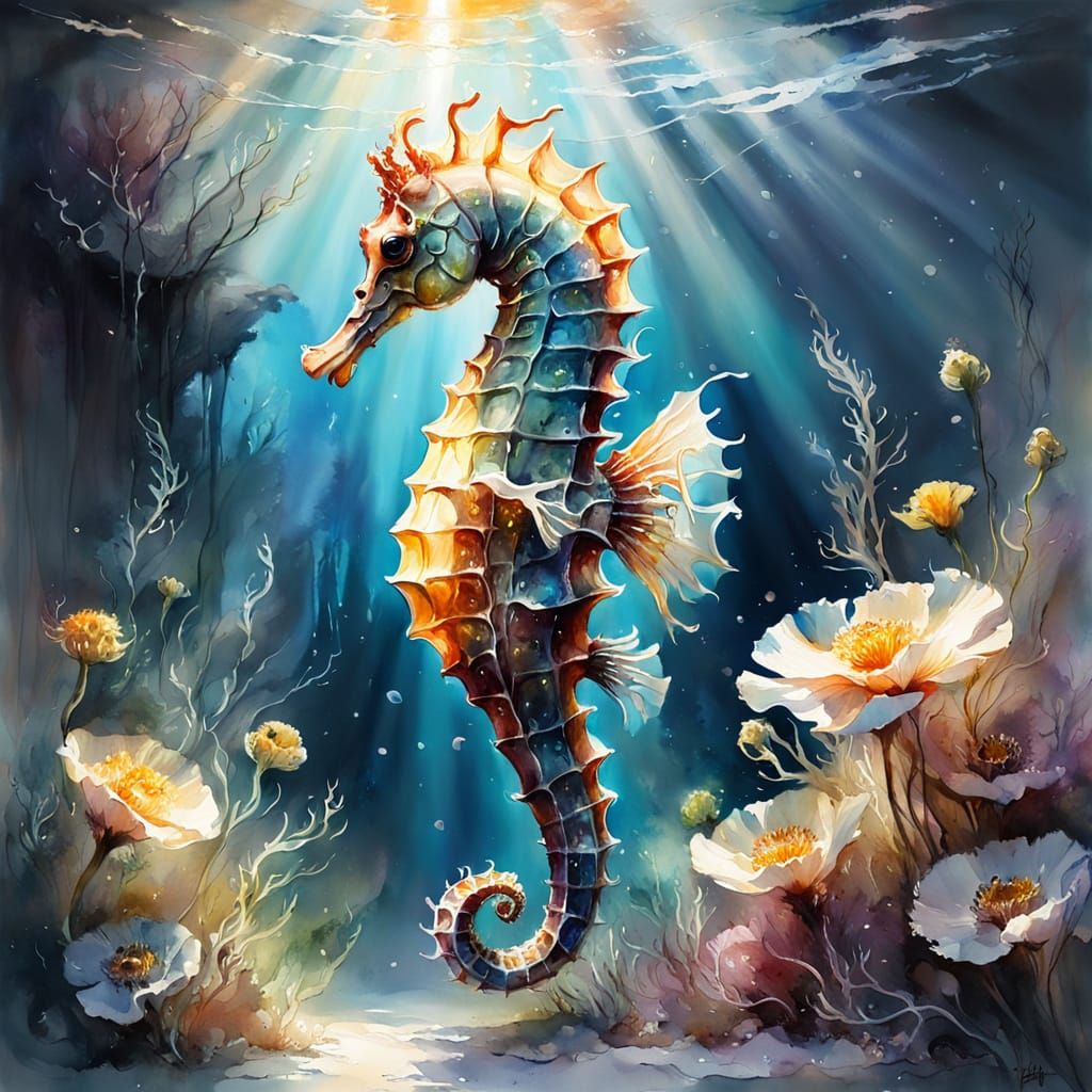 Seahorse Near Glowing Anemones Underwater Watercolor Paintin...