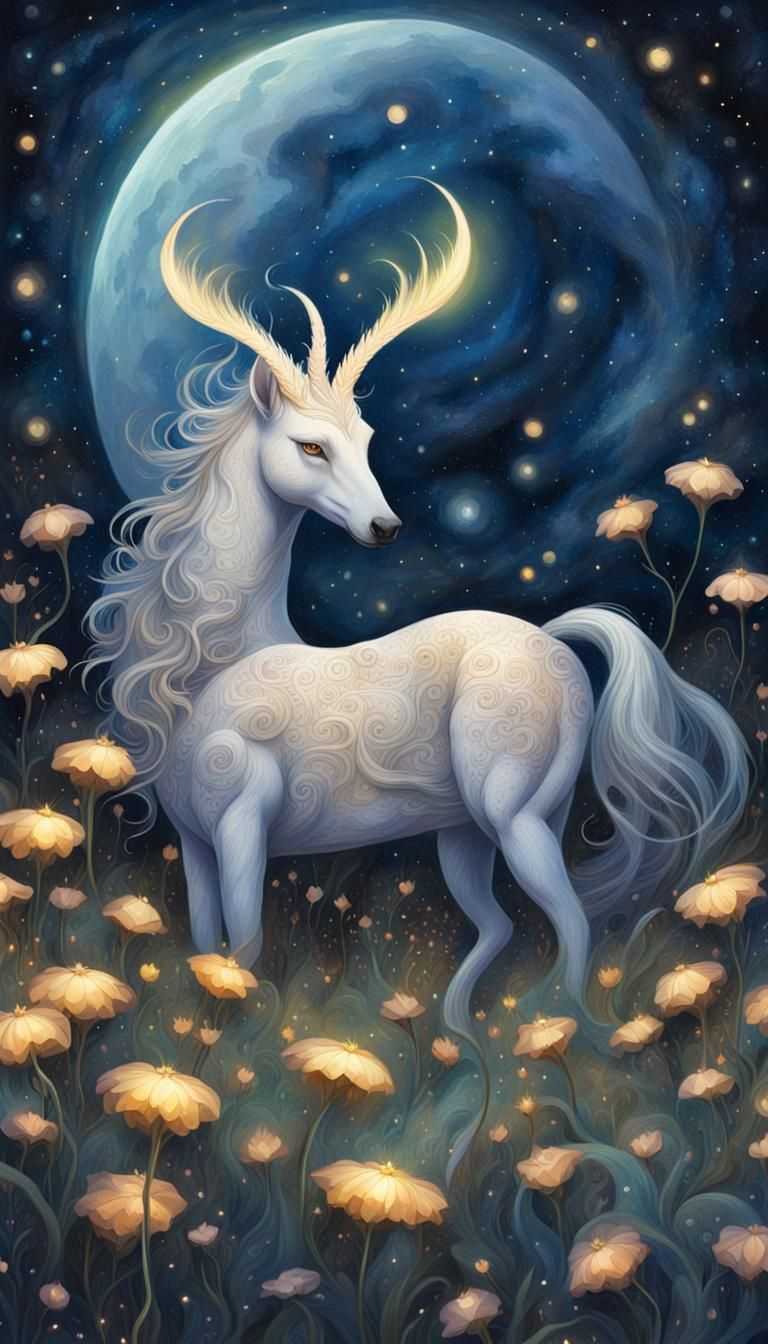 Fantasy Creature in Moonlit Flower Field Painting