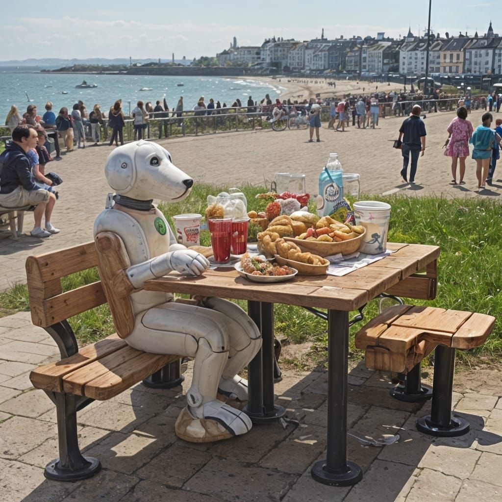 Seaside Scene of a Robot Dog Enjoying a Feast