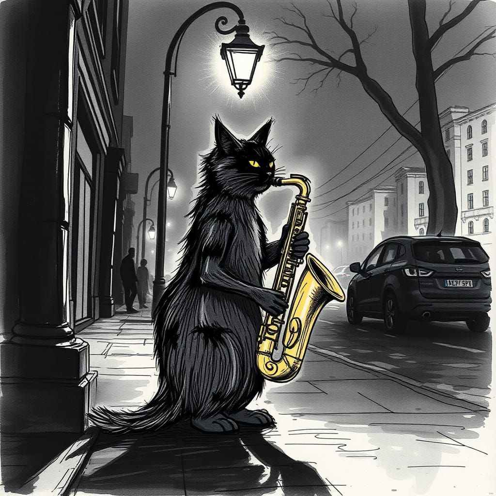 Cat Saxophonist in Moody Pen and Ink Illustration