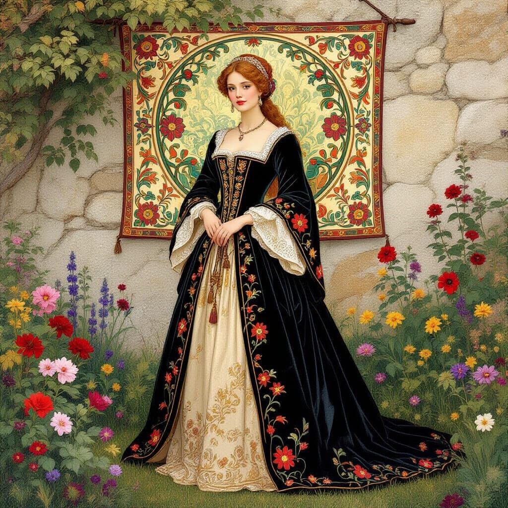 Renaissance Lady on Medieval Tapestry, Art Nouveau Style