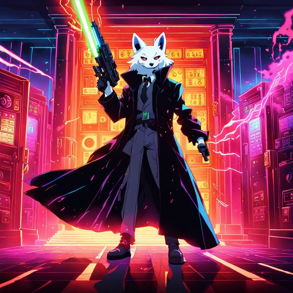 Anime Kitsune Gunslinger Bank Robber in Neon