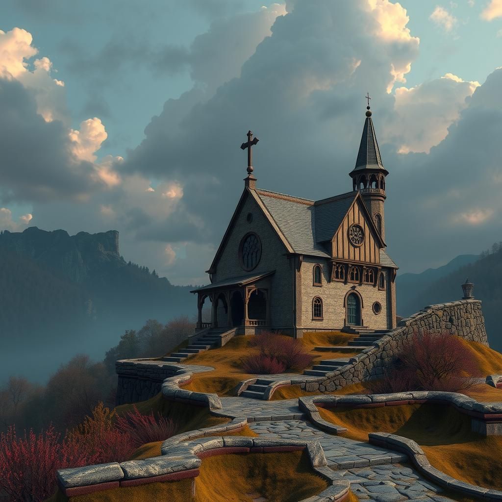 Abandoned Medieval Chapel on a Hill in Matte Painting