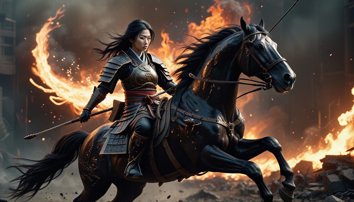 Samurai Warrior on Horseback in Epic Battlefield