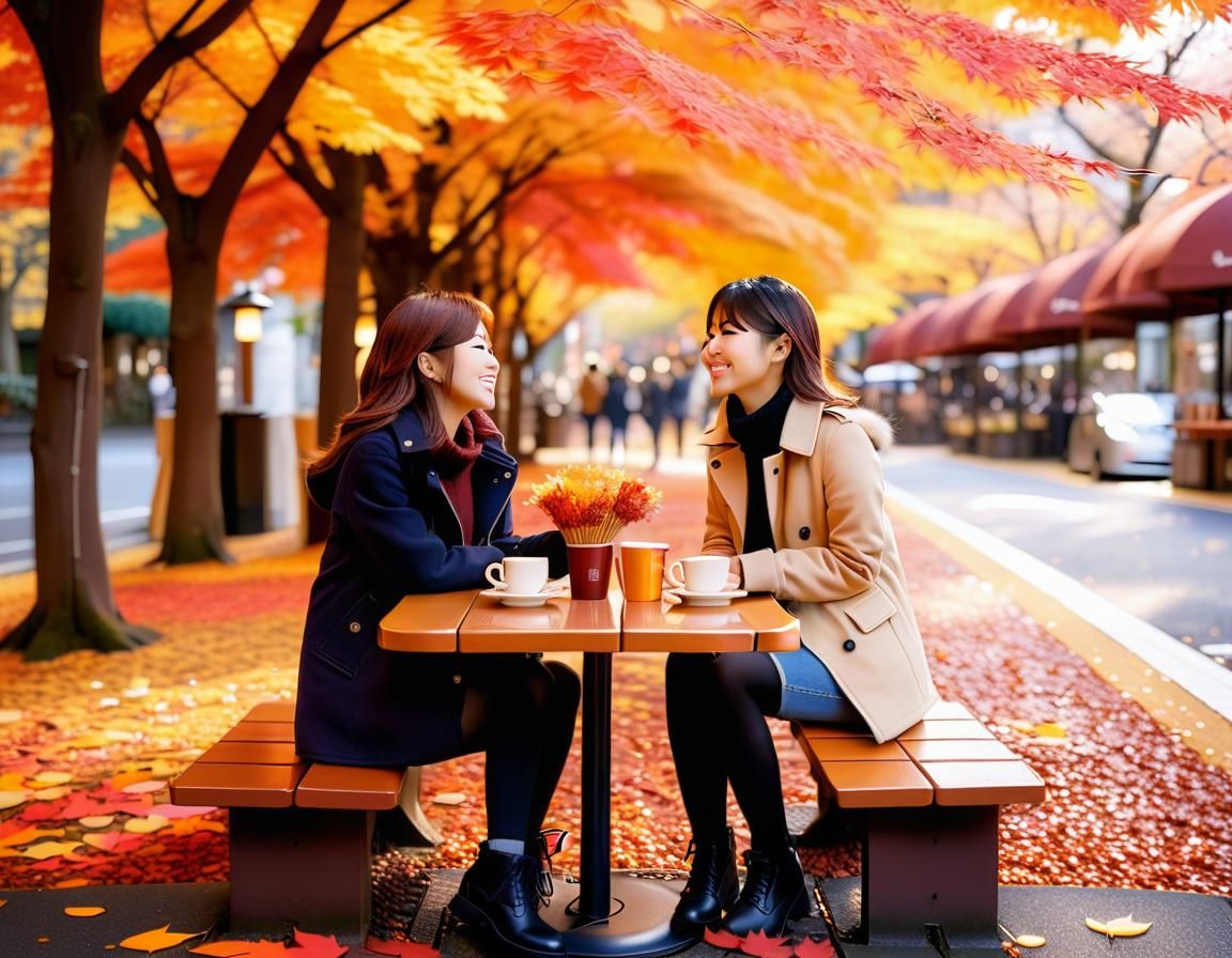Anime Couple in Tokyo Park Cafe at Autumn