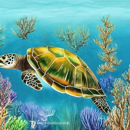 Underwater Turtle Scene with Coral Reef, Watercolor Style