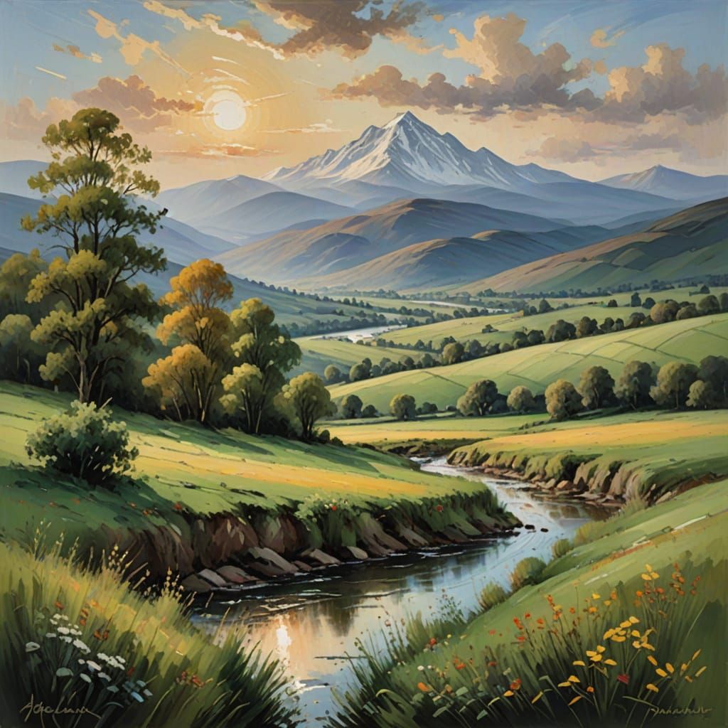 Lush Valley Landscape in Traditional Oil Painting Style