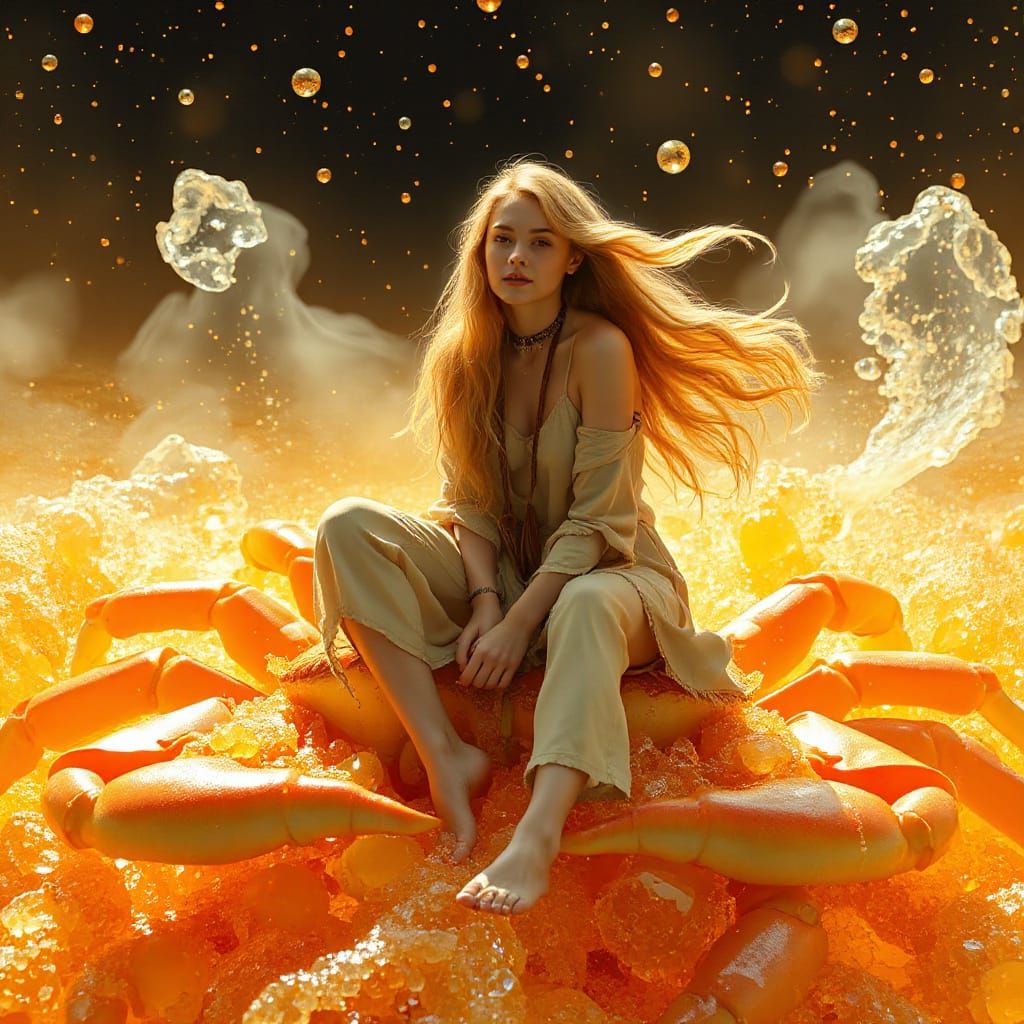 Woman on Gummy Crab in Soda Sea, Neon Futurism Style