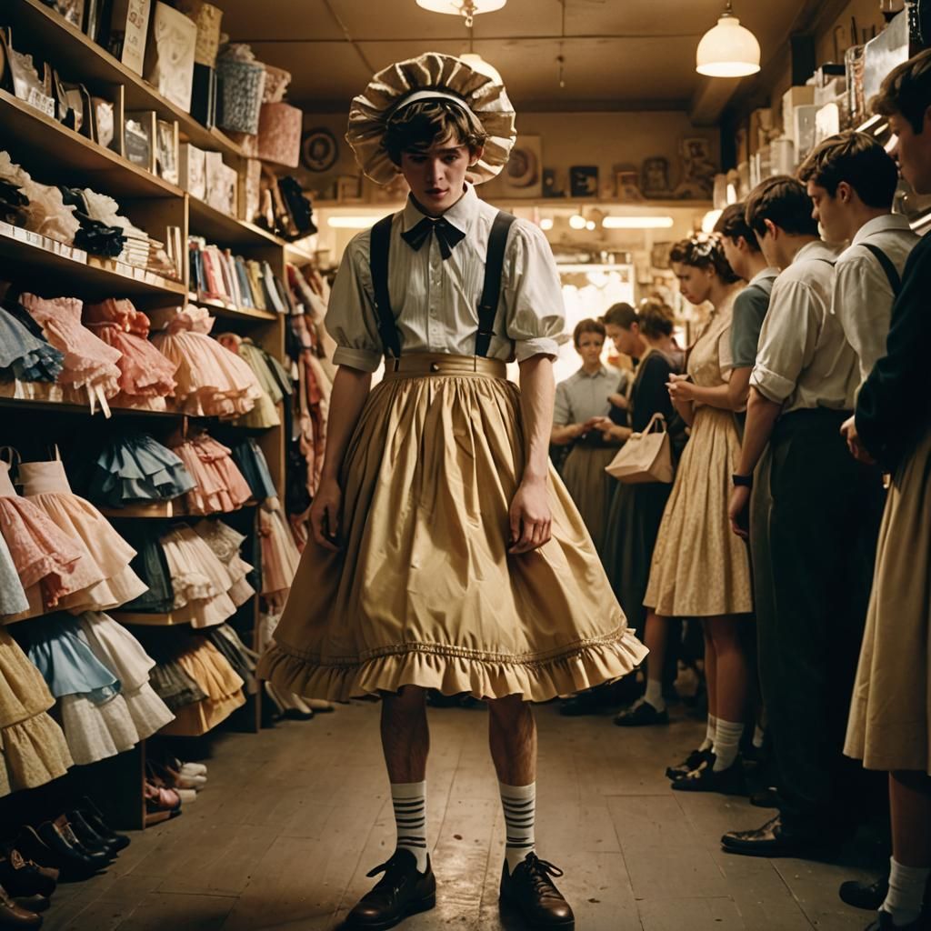 Boy Crossdressing in Frilly Dress: Cinematic Film Still