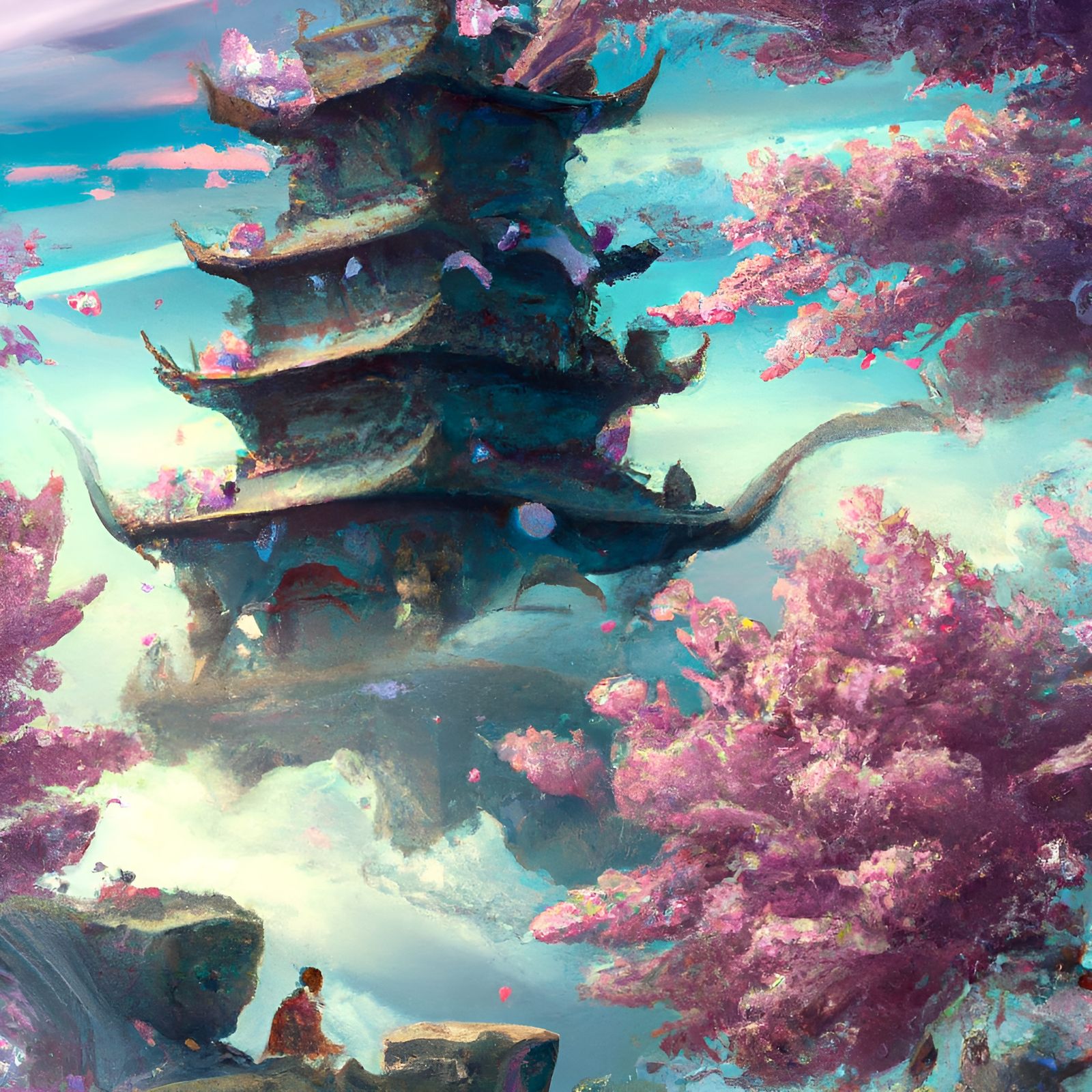 Magical Tower Above Clouds with Cherry Blossoms