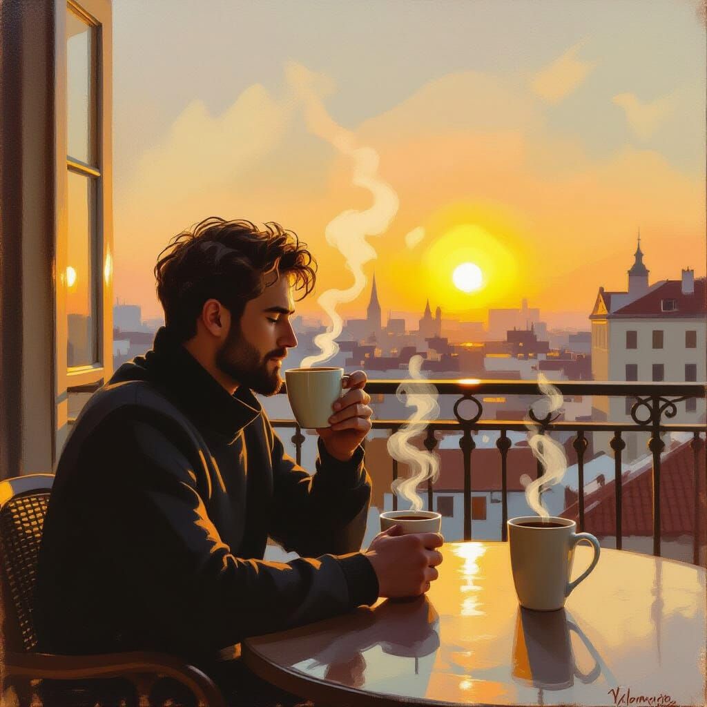 Man Sips Coffee on Sunrise Balcony in Golden Light