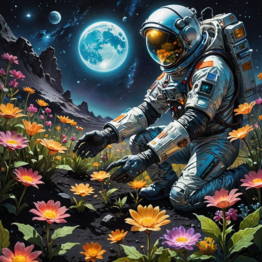 Moon Gardener Tending Bioluminescent Flowers: Concept Art