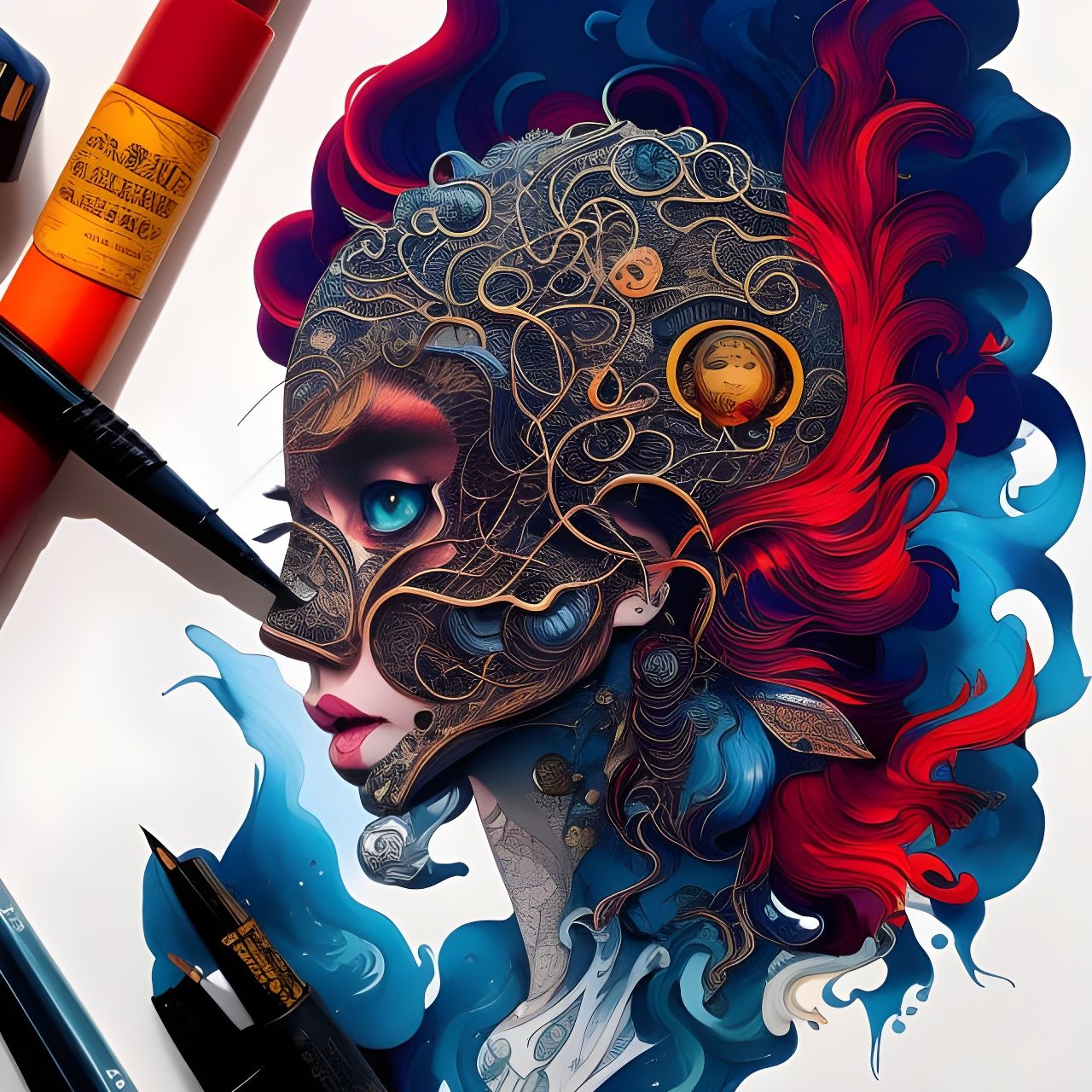 Flaming Haired Figure in Complex Digital Illustration