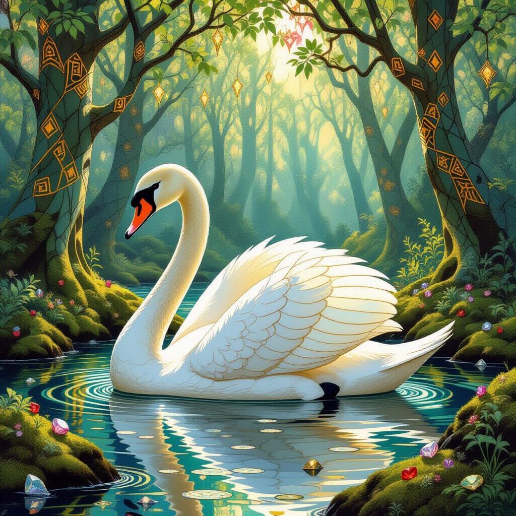 Majestic Swan in Enchanted Art Nouveau Forest