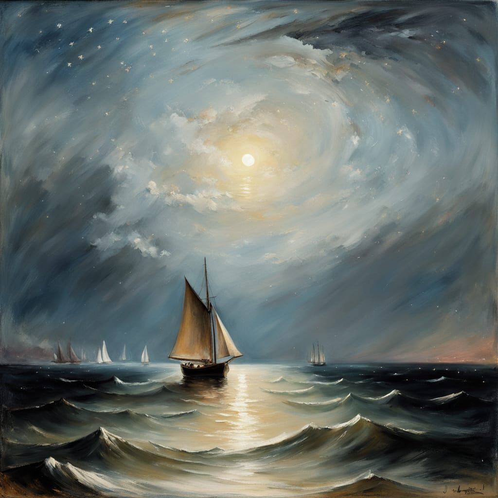 Romantic Moonlit Seascape Painting of a Lone Sailboat