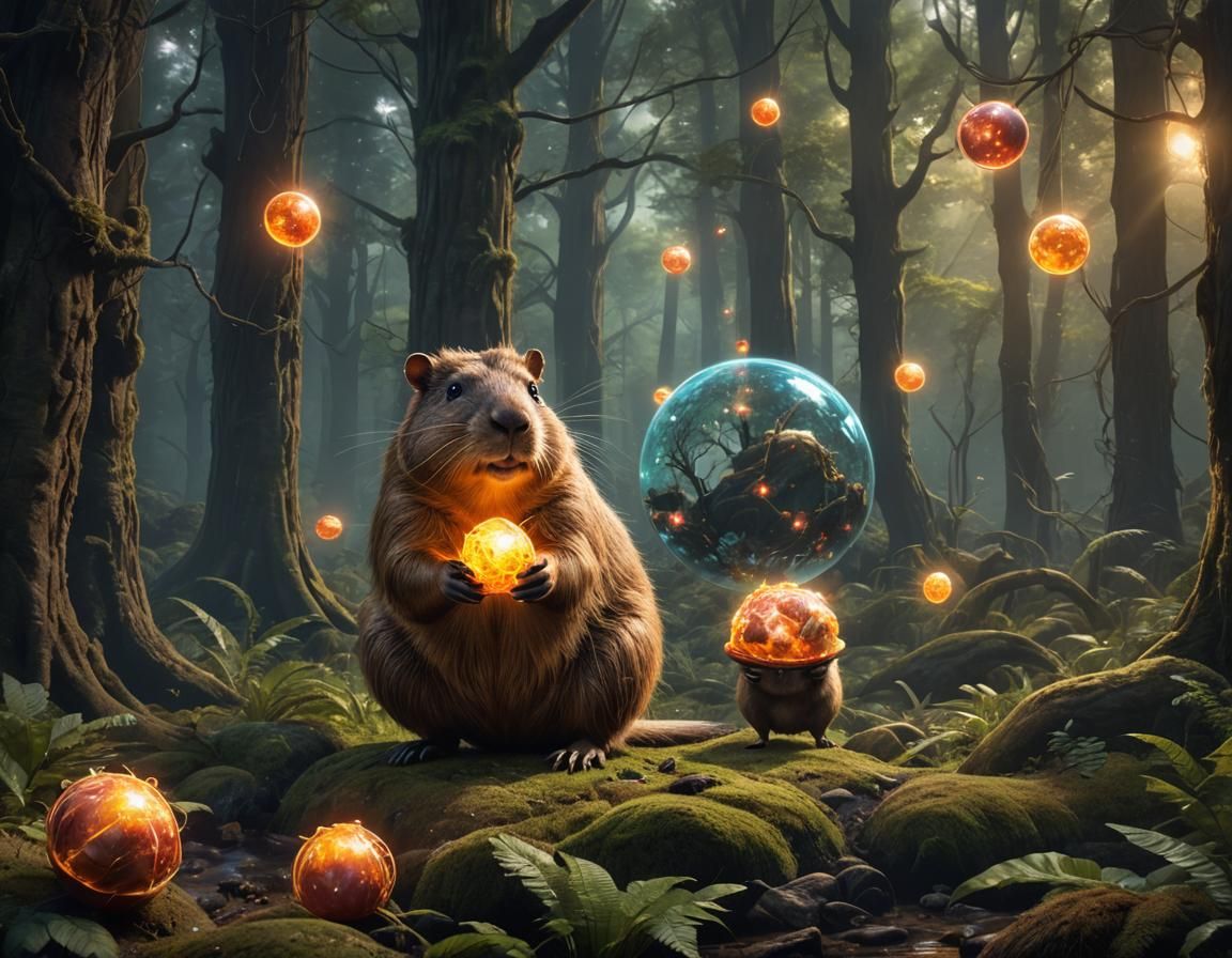 Anthropomorphic Capybara with Plasma Ball in Dark Forest