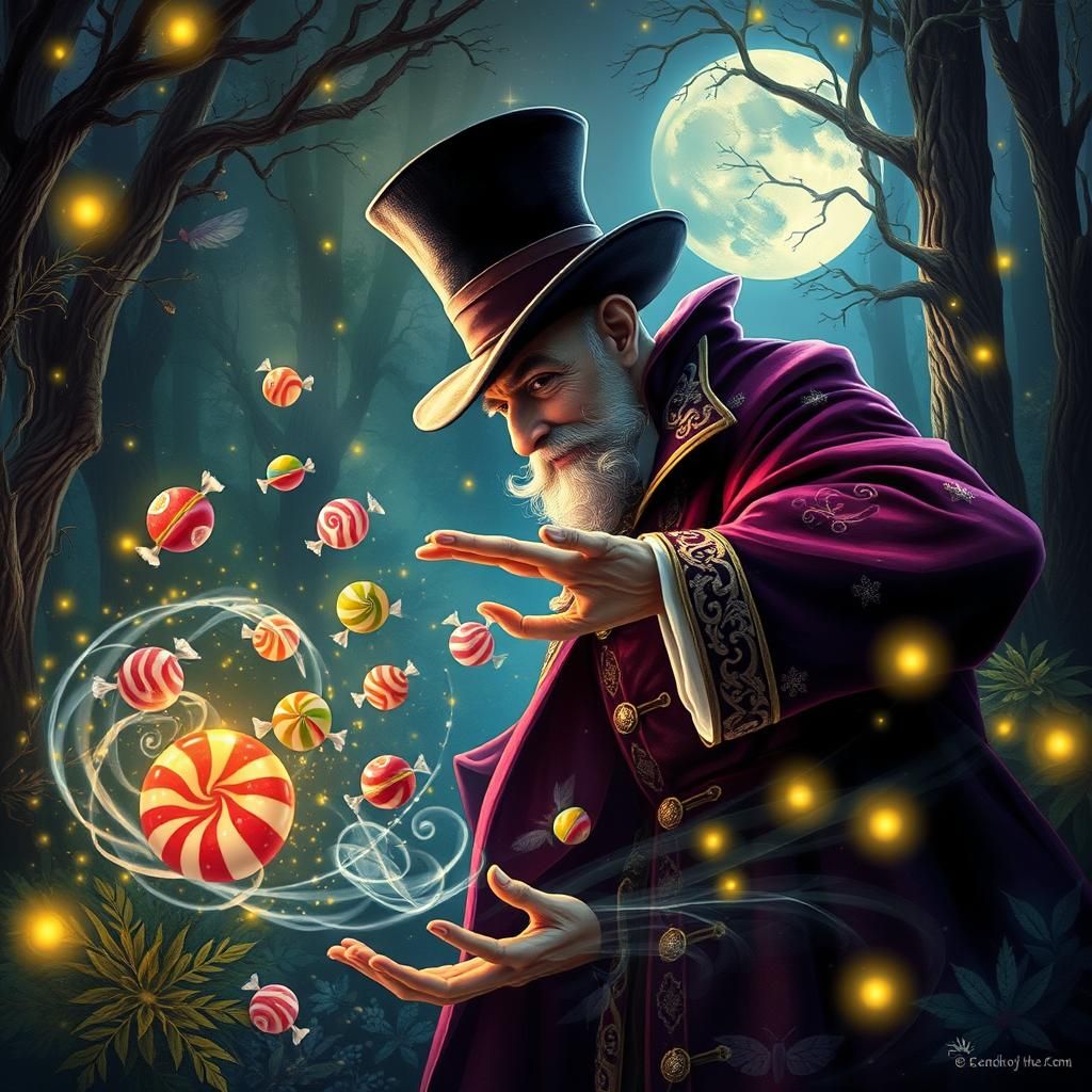 Magician Casts Enchanted Candies in Mystical Forest