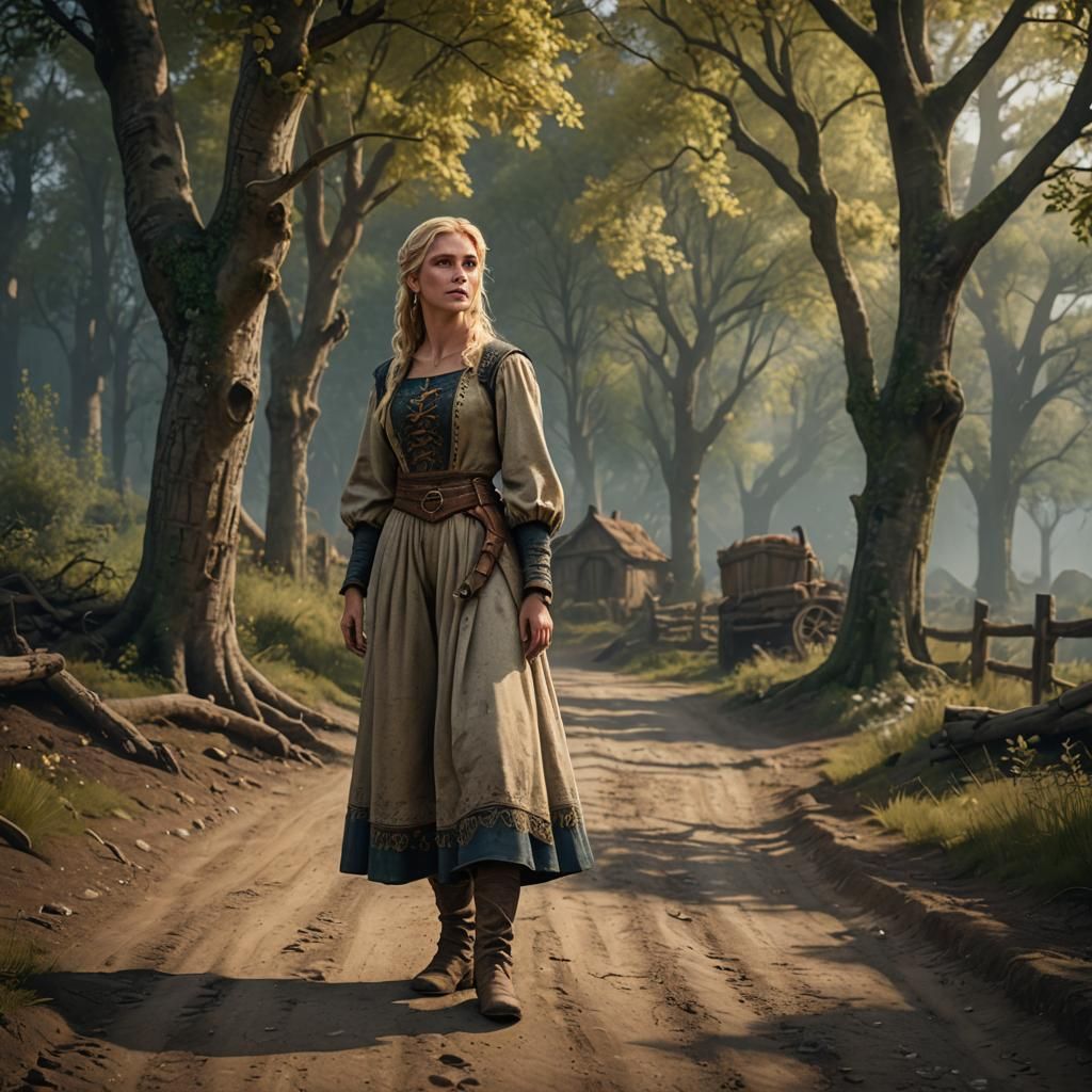 Medieval Peasant Girl in Woodland Scene