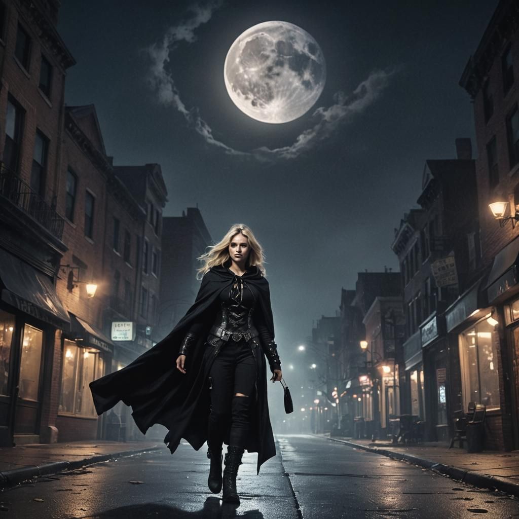 Moody Dark Fantasy Woman in Gotham Cityscape
