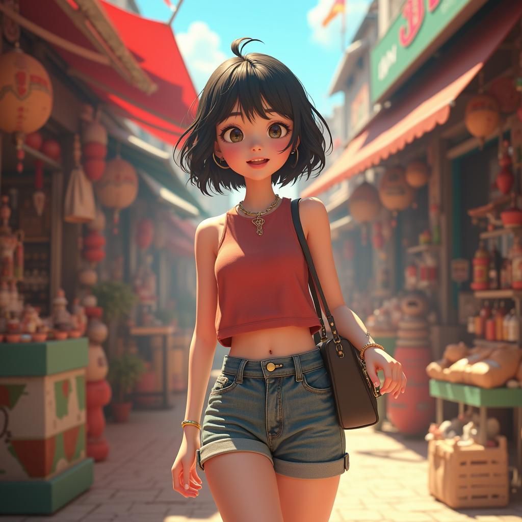Asian Woman Shopping at Marketplace in 3D Anime Art