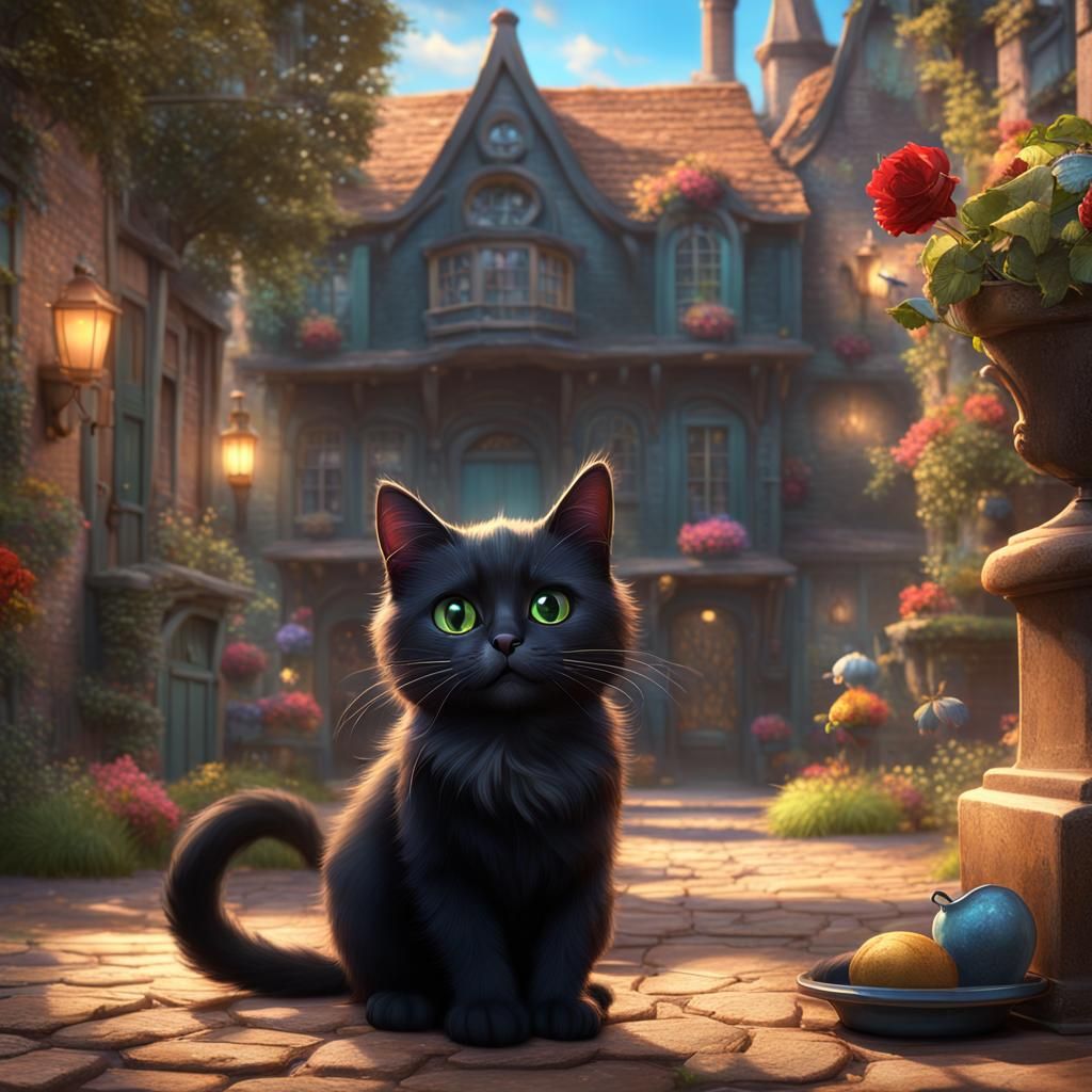 Cute Black Cat Concept Art in 8K