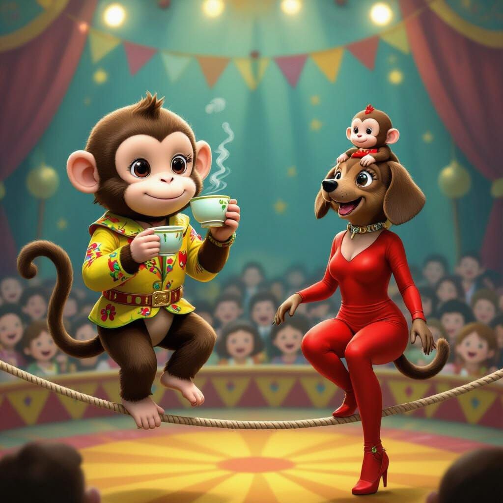 Monkey Balances on Tightrope in Circus, Whimsical Art