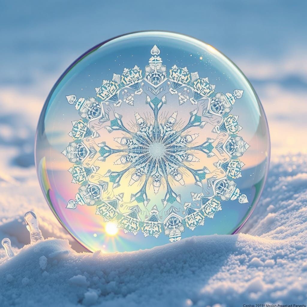 Mandelbrot Snowflake on Iridescent Soap Bubble