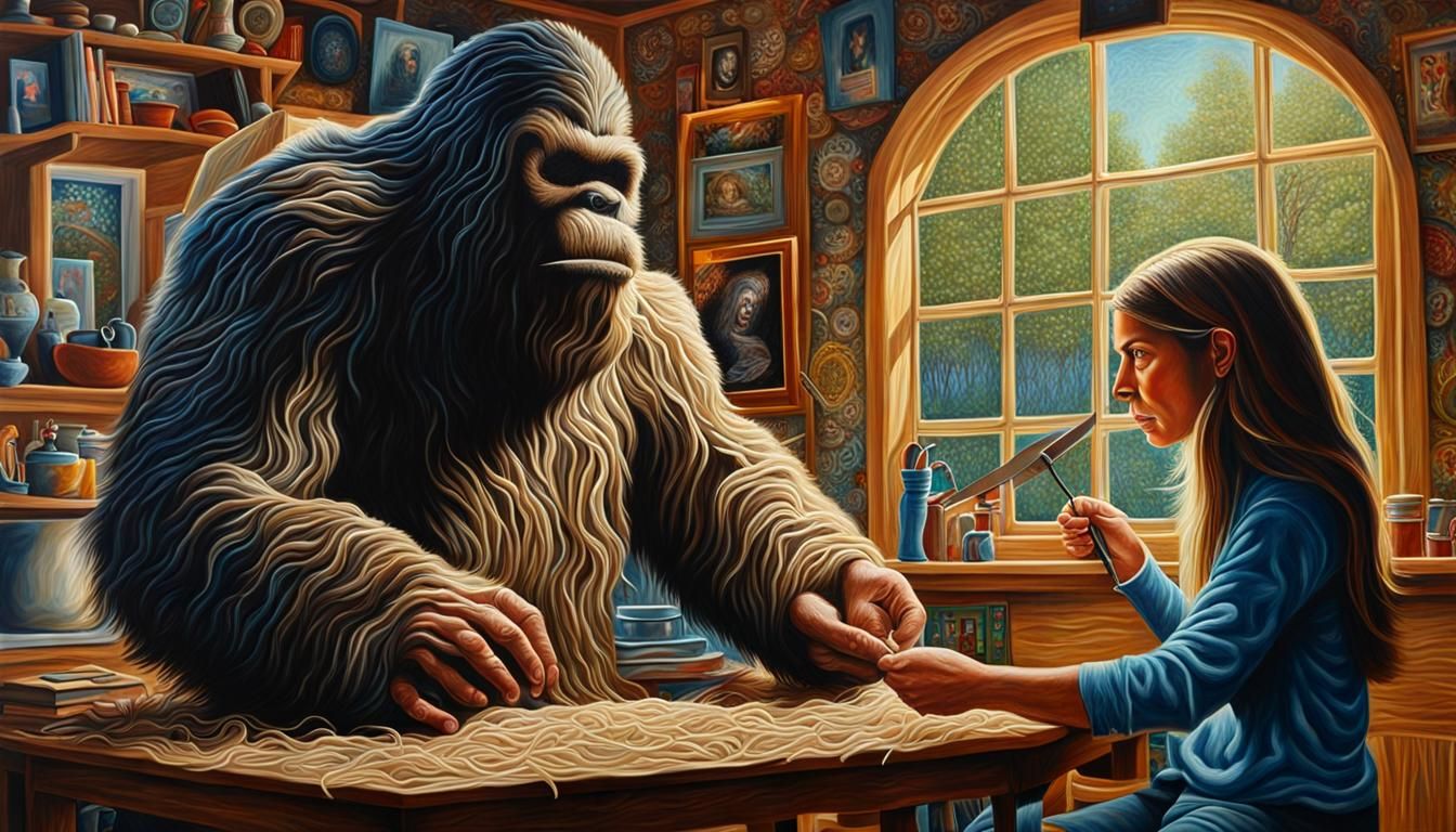 Giving her Bigfoot a trim and a manicure