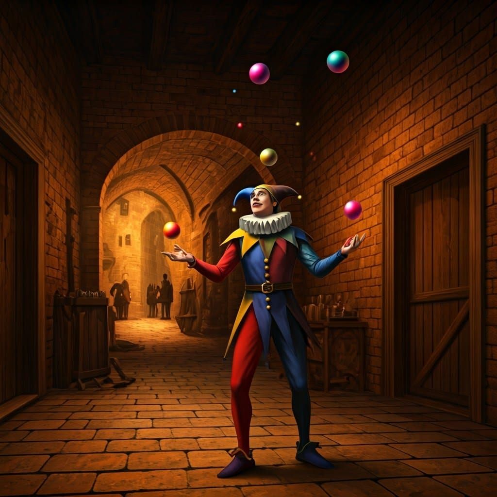 Medieval Jester Juggles in Vibrant Italian Tarot Style