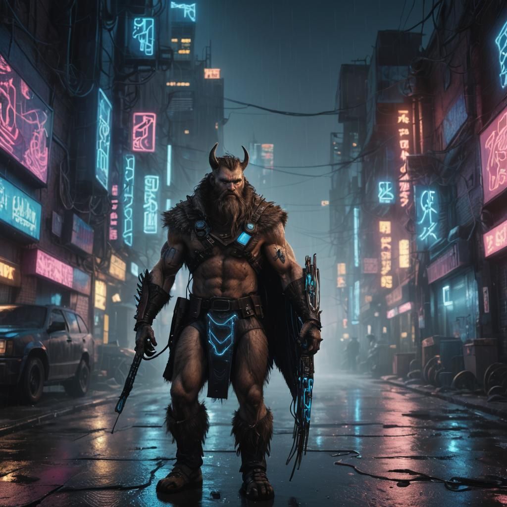 Cyberpunk Viking Werewolf in Neon Alleyway