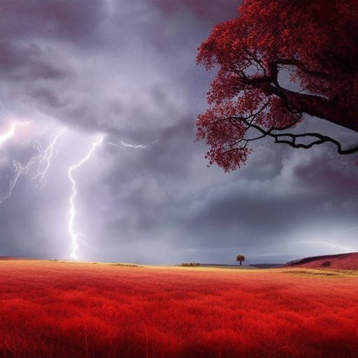Red Tree on Hill During Lightning Storm