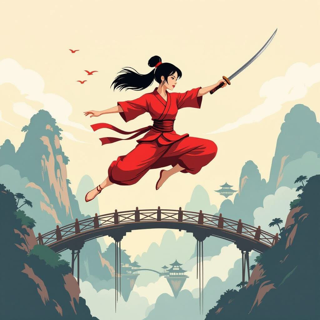 Kunoichi Leaping Across Bridge Amidst Floating Islands